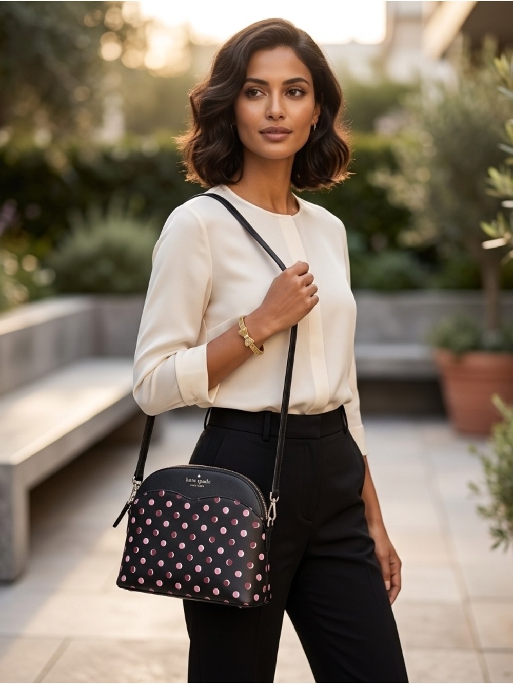Kate Spade Payton Fiesta Dot Dome Crossbody Bag & Gold Glitter Bow Bangle